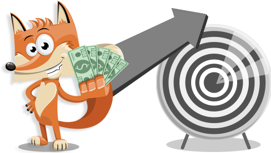 Fox with cash next to a target