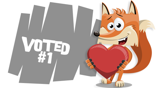 Fox holding a heart next to a Voted #1 badge